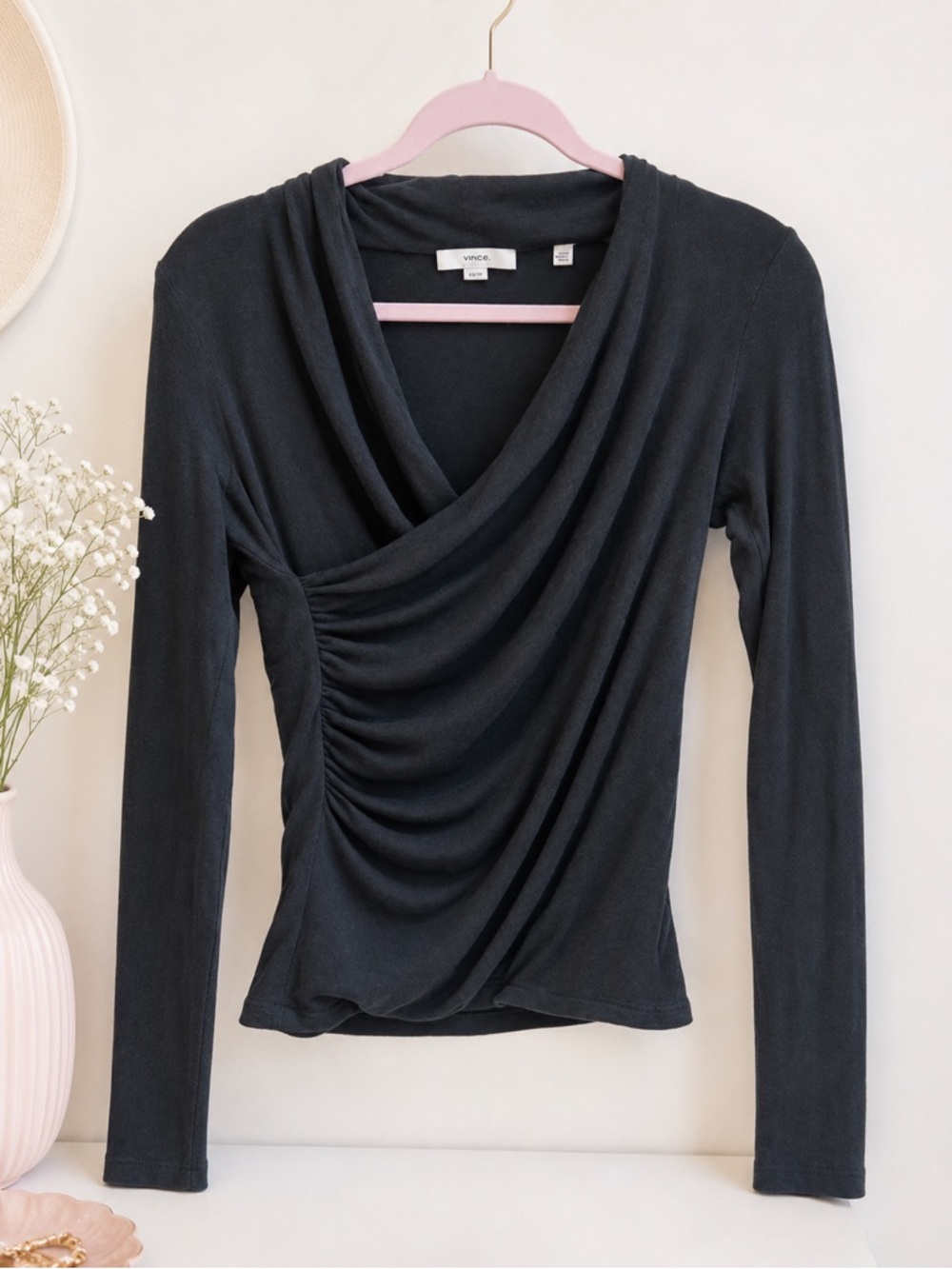 Vince Women’s Green Draped Cowl Neck Ruched Long Sleeve Top Size M